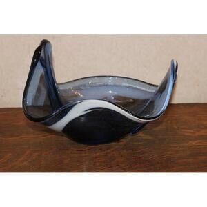 Vintage Art Glass Hand Blown Blue and White Large Freeform Bowl